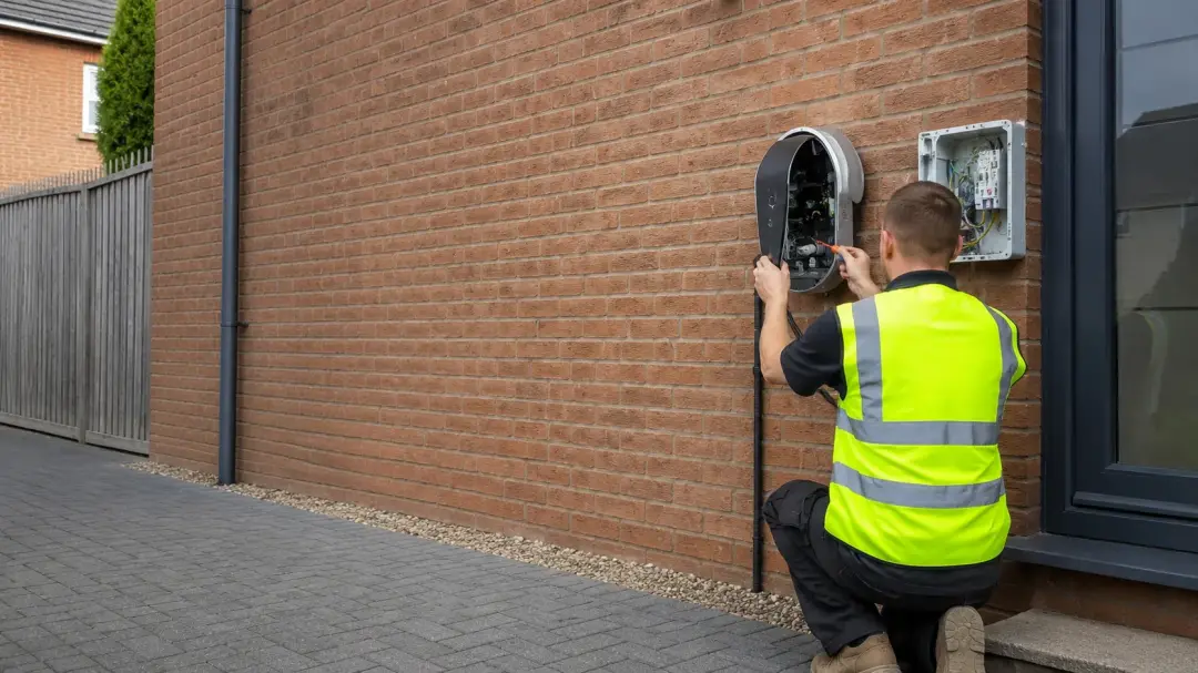 Technician working on a wall-mounted electric vehicle charger