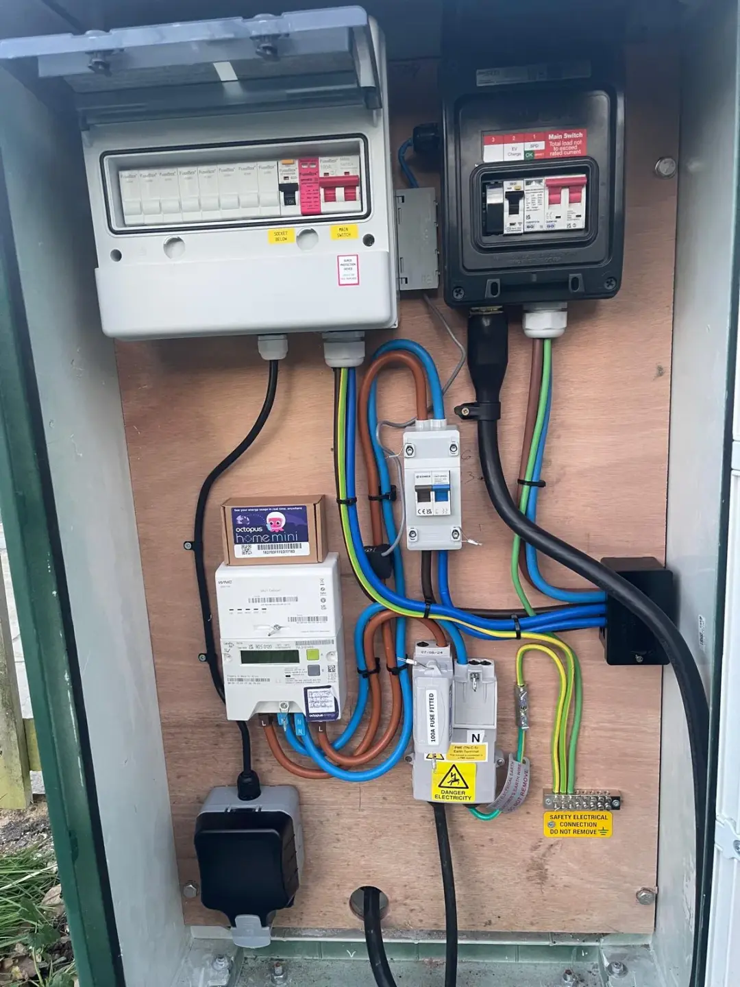 Outdoor electrical cabinet showing consumer units, electricity meter and supply wiring