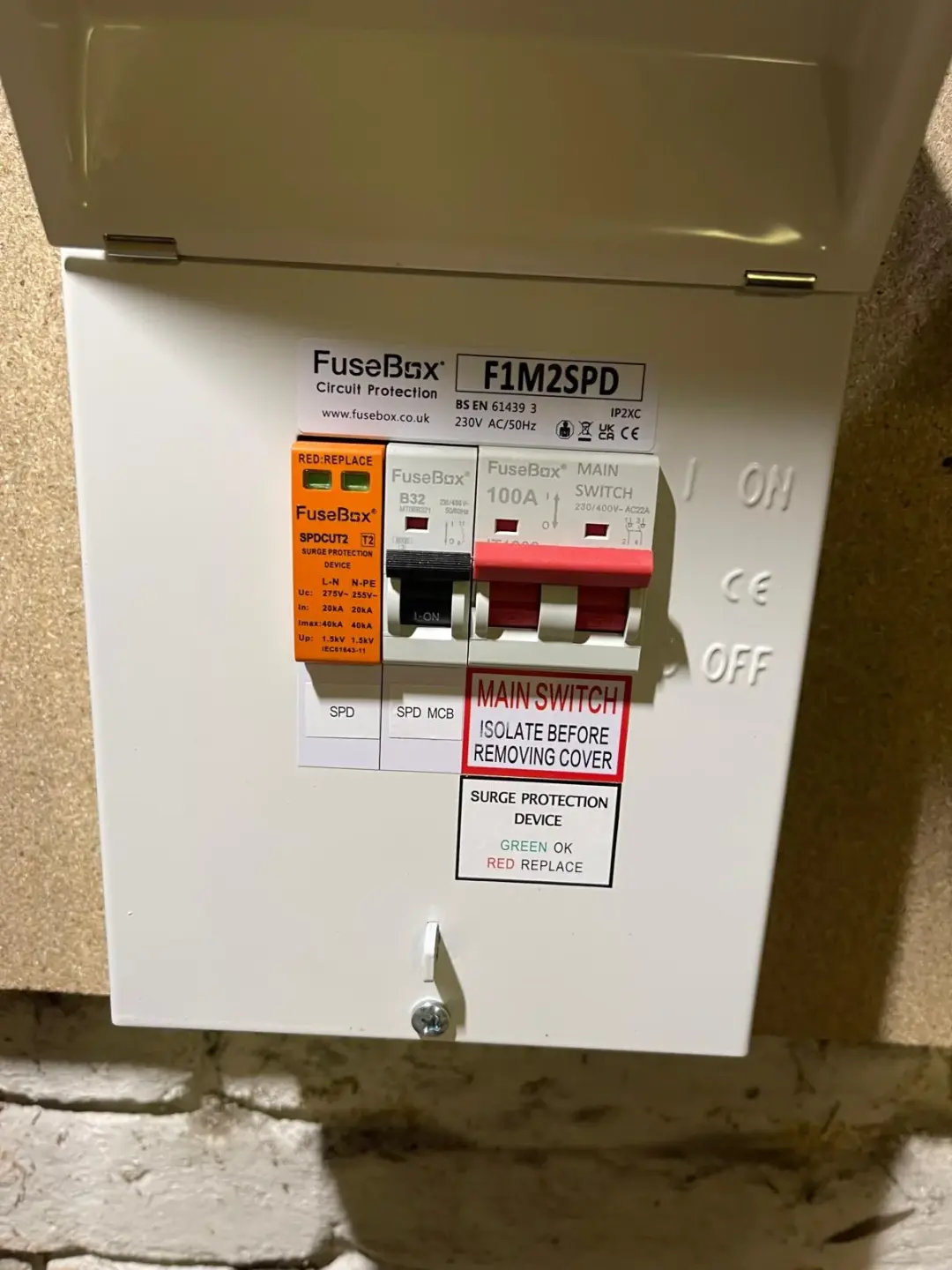 FuseBox surge protection enclosure with main switch and circuit breaker